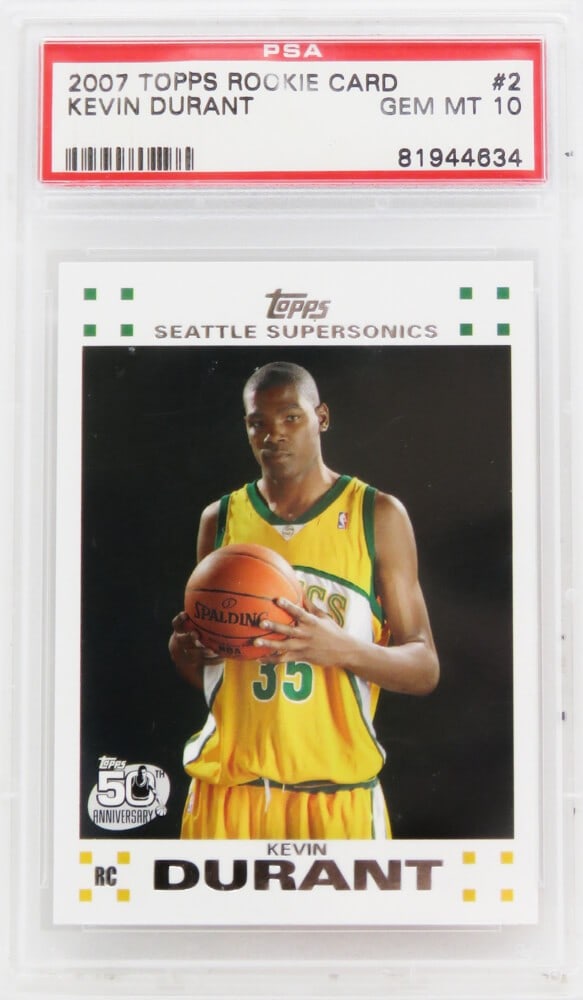 Kevin Durant 2007 Topps Basketball #2 Rookie Card PSA 10 GEM MT Supersonics: Kevin Durant 2007 Topps Basketball #2 Rookie Card PSA 10 GEM MT Supersonics This 2007 Topps Basketball #2 rookie card features NBA star Kevin Durant during his time with the Seattle Supersonics. The c