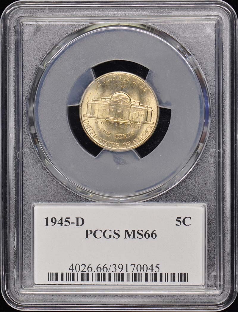 1945-D Jefferson Nickel PCGS MS66 Uncirculated Denver: 1945-D Jefferson Nickel PCGS MS66 Uncirculated Denver This 1945-D Jefferson Nickel is certified by PCGS with an impressive grade of MS66, indicating its uncirculated condition. Minted in Denver, this 