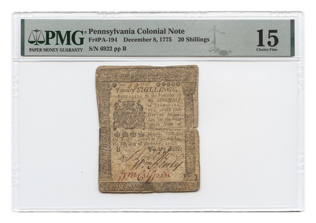 1775 Pennsylvania Colonial 20 Shillings Note PMG Certified Fine: 1775 Pennsylvania Colonial 20 Shillings Note PMG Certified Fine This is a historical Pennsylvania Colonial Note, issued on December 8, 1775, with a denomination of 20 Shillings. Certified by PMG, this