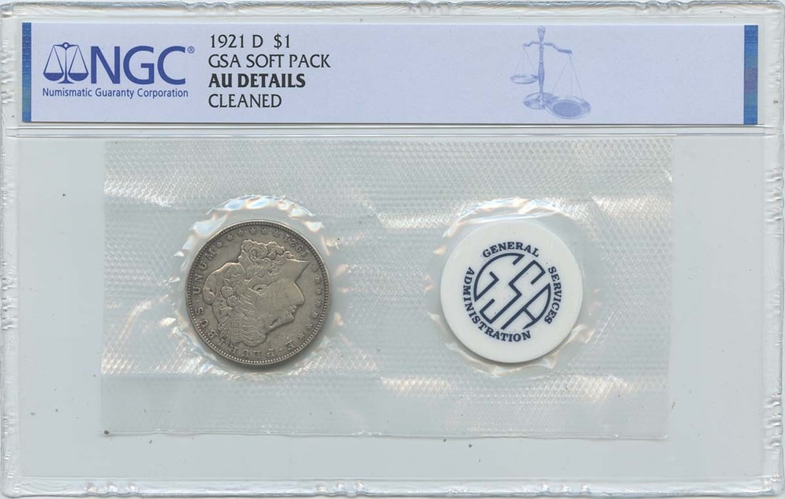 NGC AU Details 1921 Denver Morgan Dollar GSA Soft Pack Silver Coin: NGC AU Details 1921 Denver Morgan Dollar GSA Soft Pack Silver Coin This is a 1921-D Morgan Dollar in a GSA Soft Pack, certified by NGC with AU Details. Minted in Denver, this uncirculated silver dolla