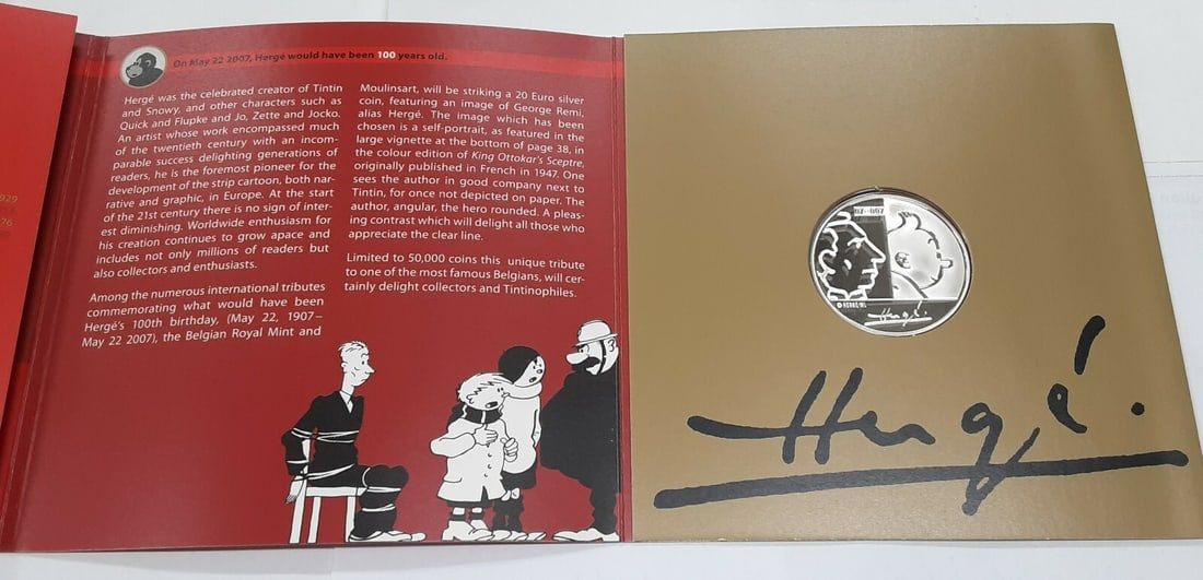 Belgium 20 Euro Proof Silver Coin Herge Centennial 2007 OGP with COA: Belgium 20 Euro Proof Silver Coin Herge Centennial 2007 OGP with COA This 2007 Belgium 20 Euro proof coin commemorates the centennial of Herge, the renowned Belgian cartoonist. Struck in silver, the c
