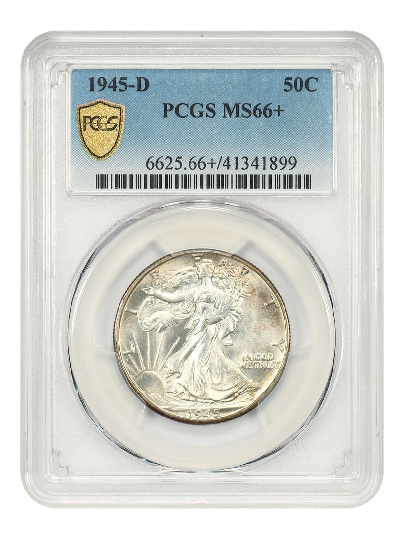 PCGS MS66+ 1945-D Walking Liberty Half Dollar: PCGS MS66+ 1945-D Walking Liberty Half Dollar This is a 1945-D Walking Liberty Half Dollar graded MS66+ by PCGS. The coin is uncirculated and was minted in Denver. It belongs to the Walking Liberty Ha