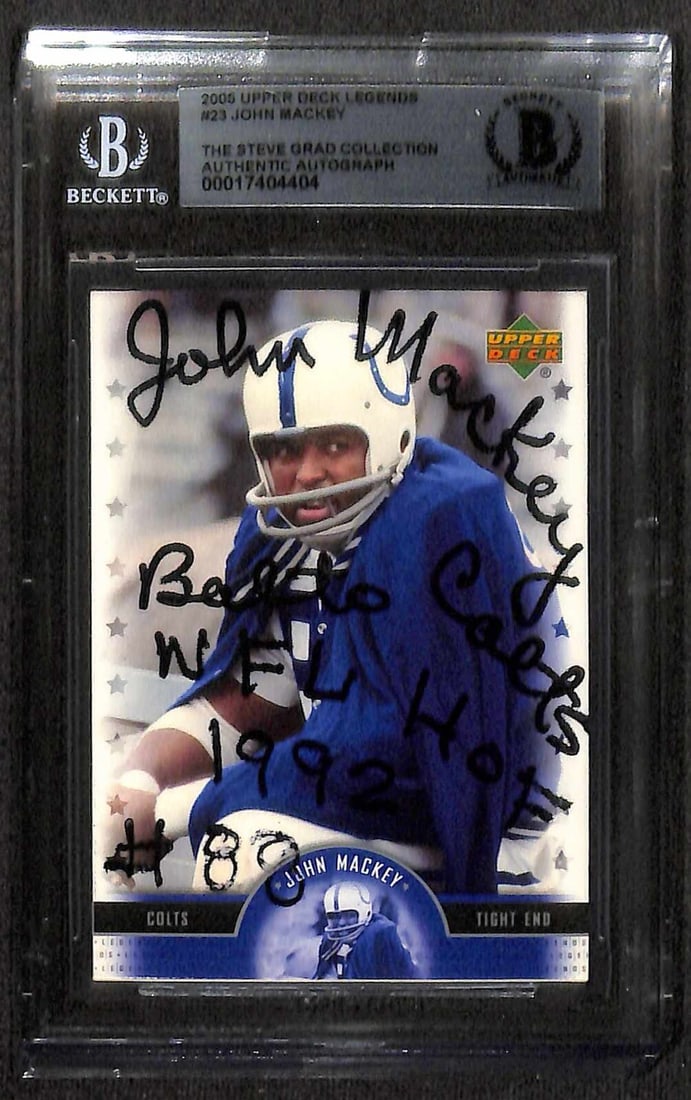 John Mackey Signed 2005 Upper Deck Legends #23 Card Beckett Authenticated: John Mackey Signed 2005 Upper Deck Legends #23 Card Beckett Authenticated This is a signed 2005 Upper Deck Legends #23 sports trading card featuring Baltimore Colts Tight End John Mackey. The card is 