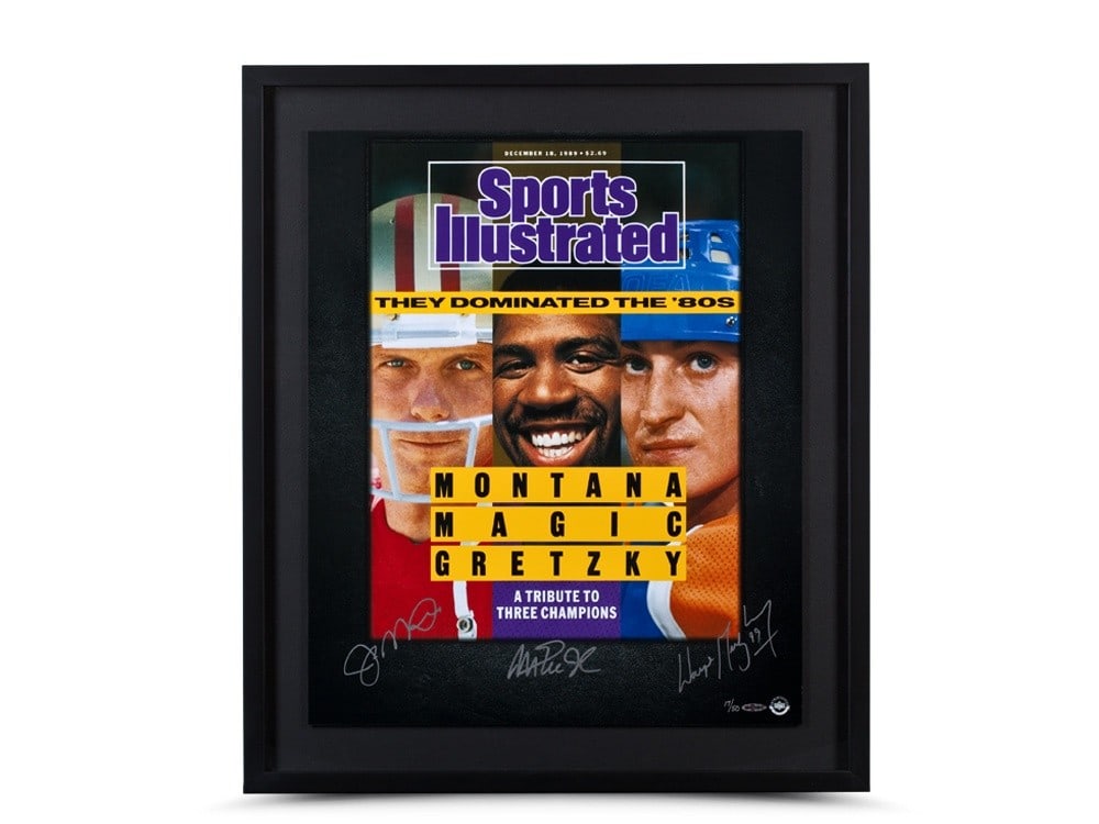 Joe Montana Wayne Gretzky Magic Johnson Autographed 20x24 Photo Limited Edition #/50: Joe Montana Wayne Gretzky Magic Johnson Autographed 20x24 Photo Limited Edition #/50 This is an exclusive autographed 20x24 framed photo featuring iconic athletes Joe Montana, Wayne Gretzky, and Magic