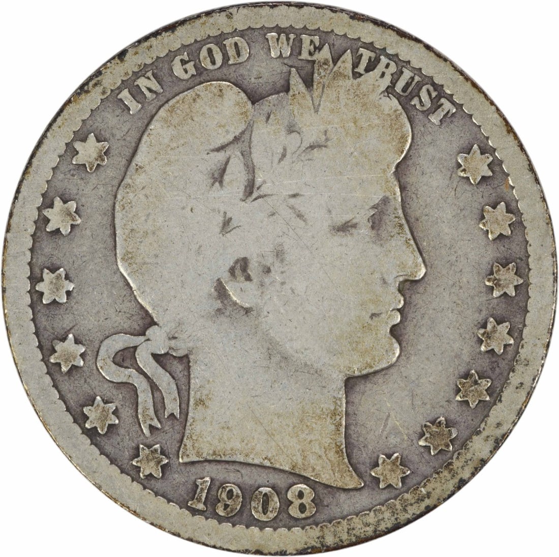 1908-S Barber Quarter 90% Silver Uncertified Circulated Coin: 1908-S Barber Quarter 90% Silver Uncertified Circulated Coin This 1908-S Barber Silver Quarter is a remarkable piece of American history, originating from the San Francisco mint. Designed by Charles E