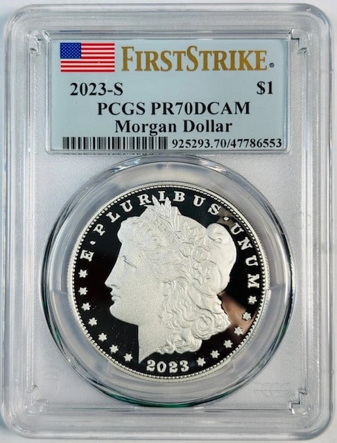 PCGS PR70 Proof 2023 San Francisco Morgan Dollar First Strike: PCGS PR70 Proof 2023 San Francisco Morgan Dollar First Strike This is a 2023 S Morgan Silver Dollar, graded PR-70 Deep Cameo (DCAM) by PCGS with First Strike designation. Produced at the San Francisco