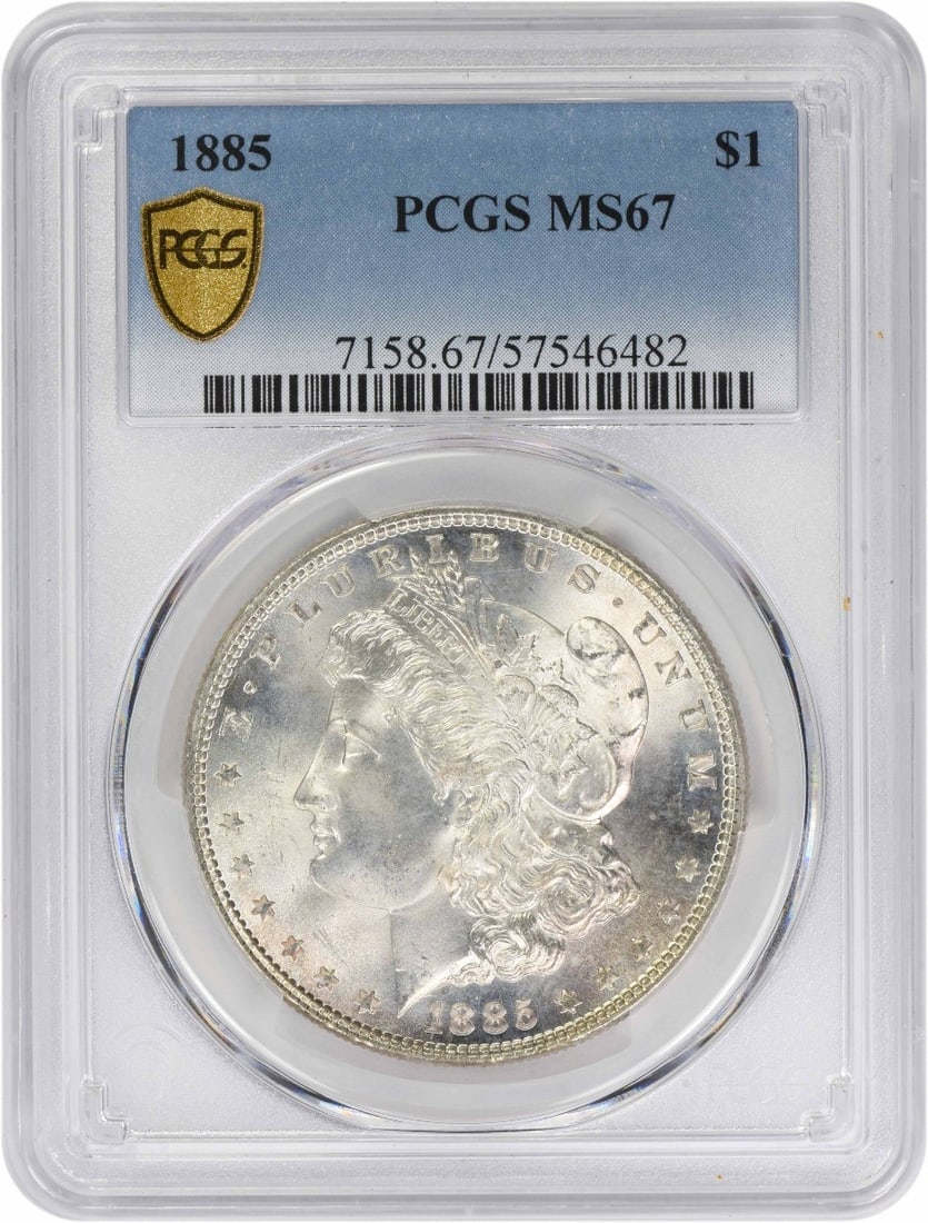 PCGS Certified 1885 Morgan Dollar MS67 Philadelphia 90% Silver Coin: PCGS Certified 1885 Morgan Dollar MS67 Philadelphia 90% Silver Coin This is an 1885 Morgan Silver Dollar graded MS67 by PCGS. Struck at the Philadelphia Mint with no mint mark, this uncirculated coin 