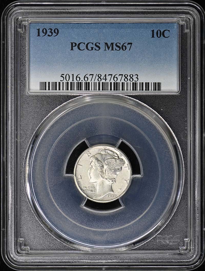 PCGS Certified 1939 Mercury Dime MS67 Philadelphia Mint: PCGS Certified 1939 Mercury Dime MS67 Philadelphia Mint This is a 1939 Mercury Dime graded MS67 by PCGS. The coin is uncirculated, minted in Philadelphia, and features the classic Mercury Dime design.