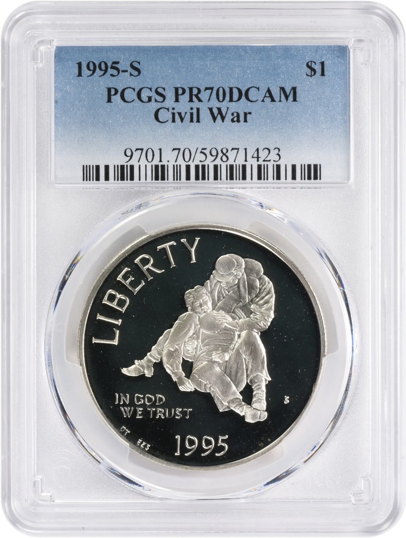 Civil War Commemorative 1995-S Silver Dollar PCGS PR70DCAM: Civil War Commemorative 1995-S Silver Dollar PCGS PR70DCAM This 1995-S Civil War Commemorative Silver Dollar is a proof coin issued by the United States Mint. Struck in silver, it features a commemora
