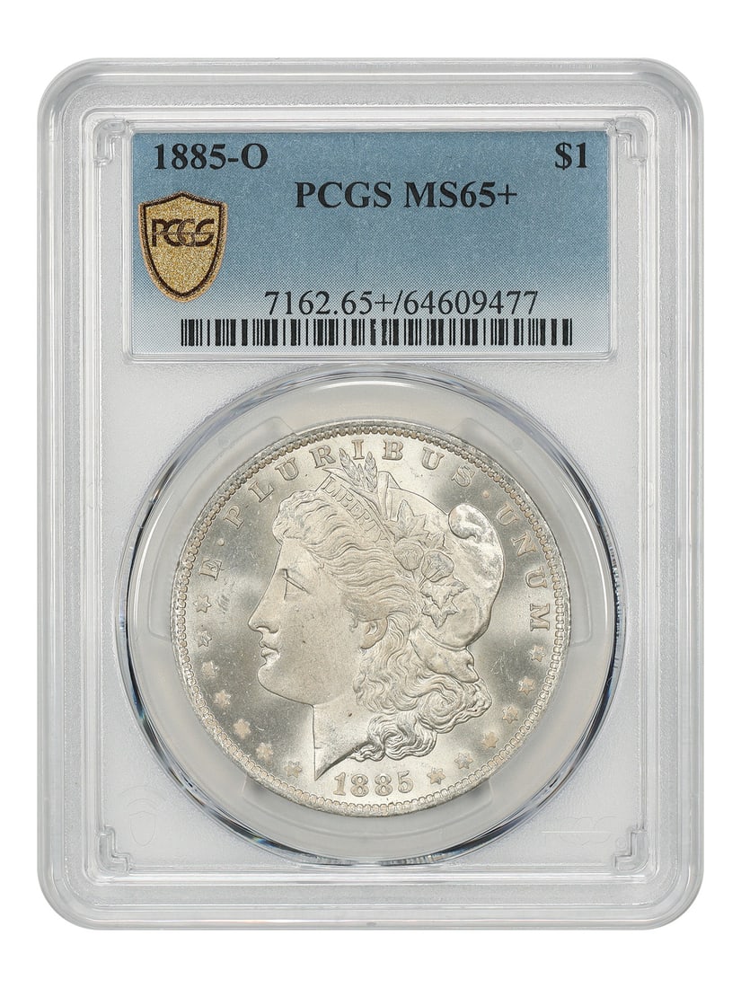 PCGS MS65 Plus 1885 New Orleans Morgan Silver Dollar: PCGS MS65 Plus 1885 New Orleans Morgan Silver Dollar This is an 1885-O Morgan Dollar graded MS65+ by PCGS. Struck at the New Orleans Mint, this uncirculated silver dollar is part of the popular Morgan