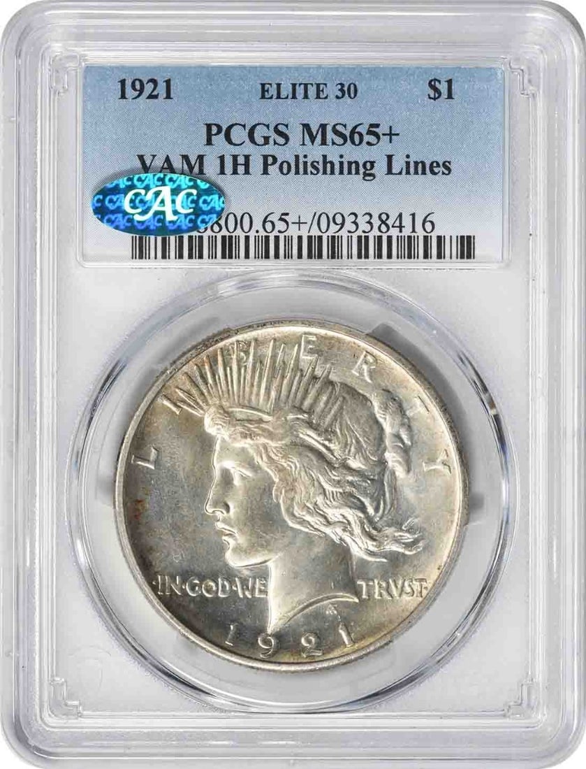 1921 Peace Dollar VAM 1H PCGS MS65 Plus CAC Silver Coin Polishing Lines: 1921 Peace Dollar VAM 1H PCGS MS65 Plus CAC Silver Coin Polishing Lines This 1921 Peace Silver Dollar features the VAM 1H variety with notable polishing lines. Graded MS65+ by PCGS and approved by CAC
