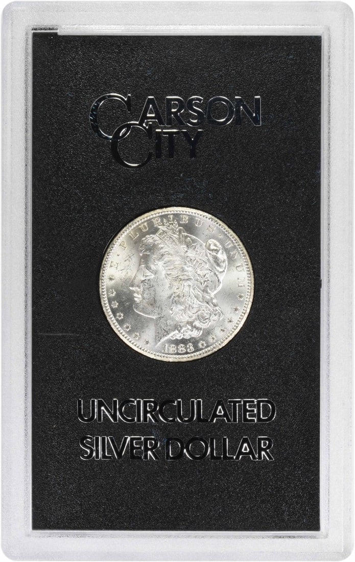 1883 CC Morgan Dollar GSA Holder Hard Pack: 1883 CC Morgan Dollar GSA Holder Hard Pack This 1883-CC Morgan Silver Dollar is presented in a GSA Hard Pack holder. Struck at the Carson City Mint, this uncirculated coin is composed of 90% silver an