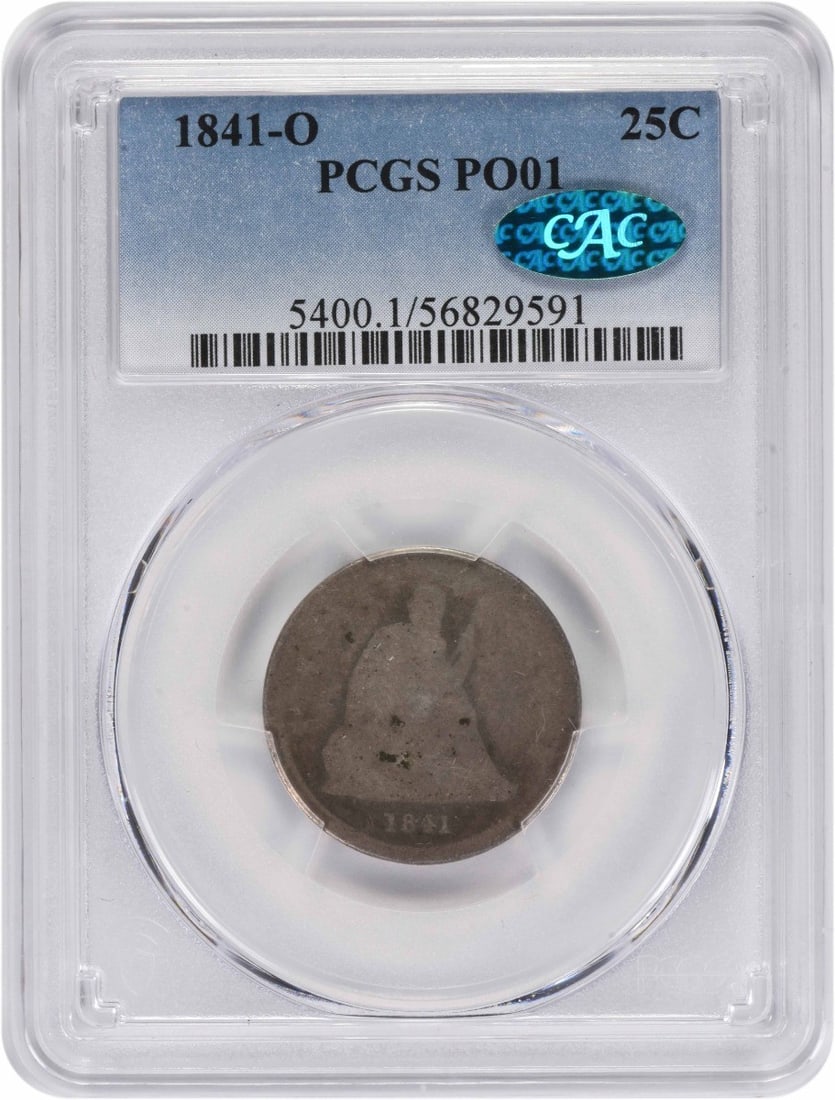 PCGS CAC 1841-O Seated Liberty 25C Poor Grade Silver Coin: PCGS CAC 1841-O Seated Liberty 25C Poor Grade Silver Coin This 1841-O Liberty Seated Silver Quarter is a circulated coin graded PO01 by PCGS and approved by CAC. Minted in New Orleans, it features the