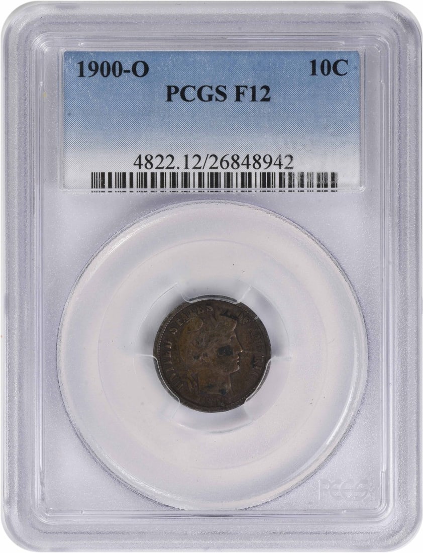 1900-O Barber Silver Dime 10C Certified PCGS F Fine: 1900-O Barber Silver Dime 10C Certified PCGS F Fine This 1900-O Barber Silver Dime is a remarkable collectible coin featuring the artistry of designer Charles E. Barber. Struck at the New Orleans mint