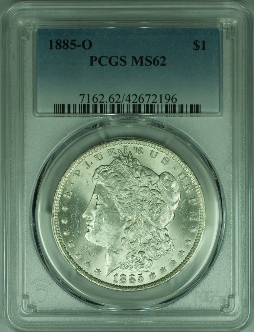 PCGS MS62 1885-O $1 Morgan Silver Dollar New Orleans Mint Coin: PCGS MS62 1885-O $1 Morgan Silver Dollar New Orleans Mint Coin This 1885-O Morgan Silver Dollar is a $1 coin minted in New Orleans, certified by PCGS with a grade of MS 62. The coin is uncirculated an