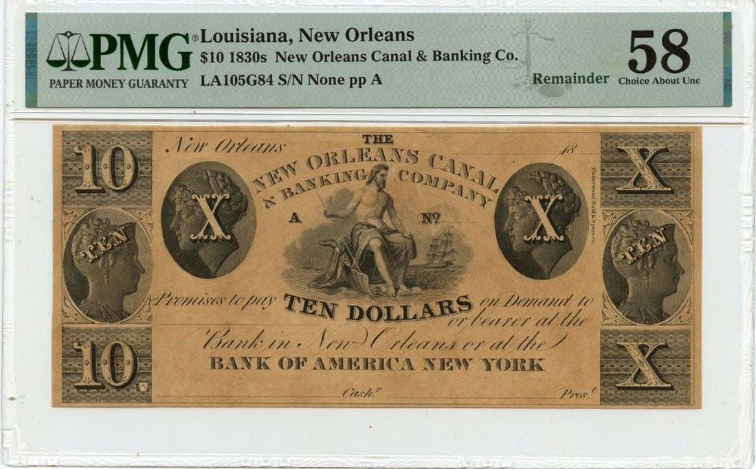 PMG AU58 Canal Banking $10 Obsolete Note New Orleans 1830s: PMG AU58 Canal Banking $10 Obsolete Note New Orleans 1830s This is an 1830s $10 obsolete banknote from the Canal Banking Company in New Orleans, Louisiana. Certified by PMG with a grade of AU58, this 