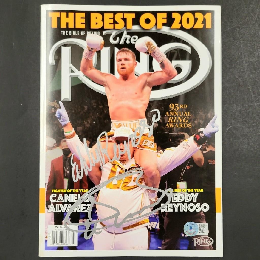 Ring Magazine signed by Canelo Alvarez and Eddy Reynoso BAS authenticated: Ring Magazine signed by Canelo Alvarez and Eddy Reynoso BAS authenticated This is an original issue of Ring Magazine signed by both Saul Canelo Alvarez and Eddy Reynoso. The magazine features authenti