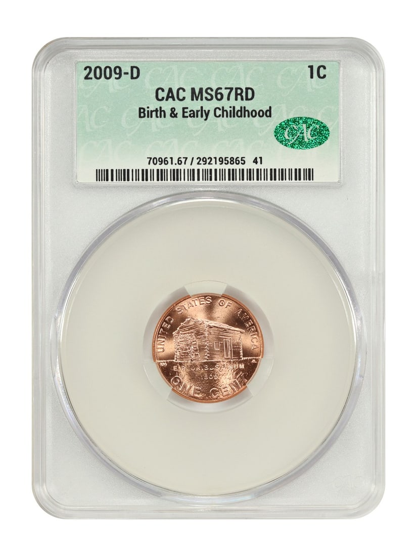 CACG MS67RD 2009-D Lincoln Birth Early Childhood Cent: CACG MS67RD 2009-D Lincoln Birth Early Childhood Cent This 2009-D Lincoln Cent from the "Birth & Early Childhood" series is an uncirculated coin graded MS67RD by CACG. It features the Denver mint mark