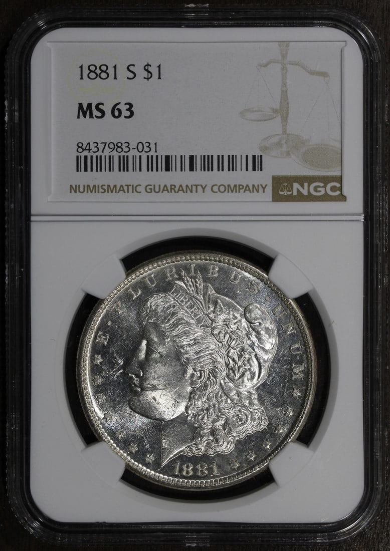 NGC MS63 1881-S Morgan Silver Dollar Looks PL: NGC MS63 1881-S Morgan Silver Dollar Looks PL This is an 1881 Morgan Silver Dollar from the San Francisco Mint, graded MS63 by NGC. The coin is uncirculated and composed of 90% silver. It has been cer