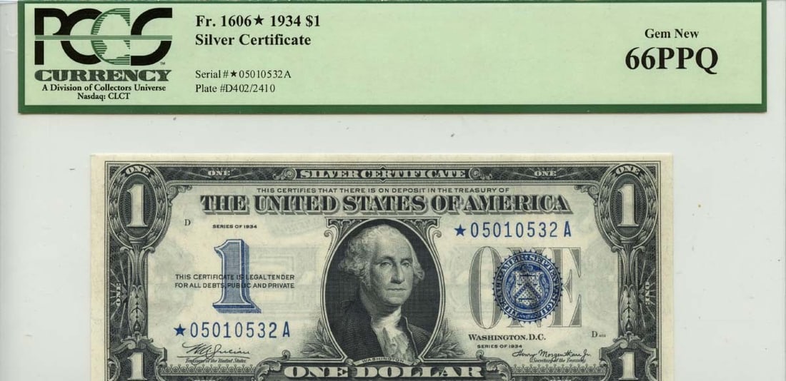 1934 $1 Silver Certificate FR1606* PCGS Gem 66 PPQ Blue Seal: 1934 $1 Silver Certificate FR1606* PCGS Gem 66 PPQ Blue Seal This 1934 $1 Silver Certificate, designated as FR1606*, features a stunning blue seal and has been graded by PCGS Currency as Gem 66 PPQ, i