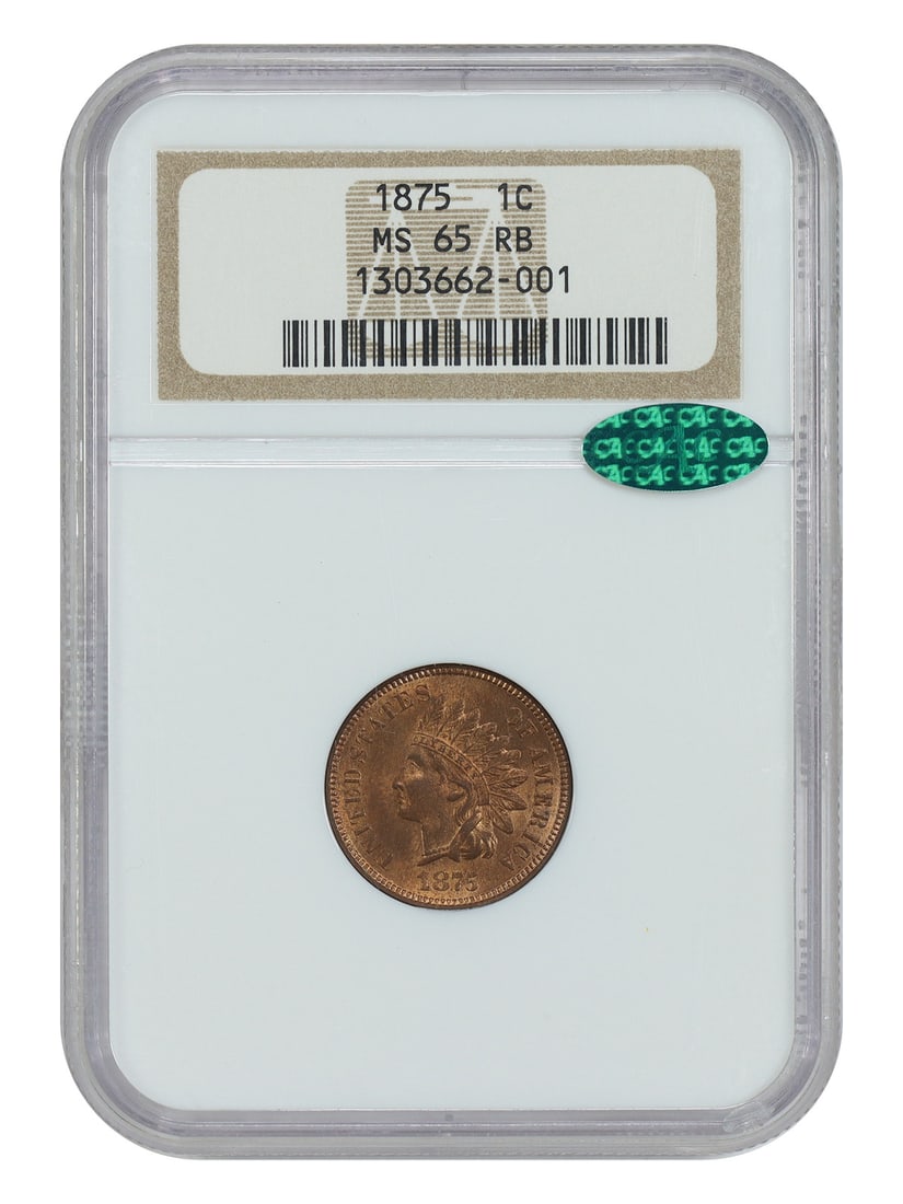 NGC CAC MS65RB 1875 Indian Head One Cent Mint State Coin: NGC CAC MS65RB 1875 Indian Head One Cent Mint State Coin This 1875 Indian Head Cent is an uncirculated coin graded MS65RB by NGC and approved by CAC, indicating exceptional quality. The coin retains a