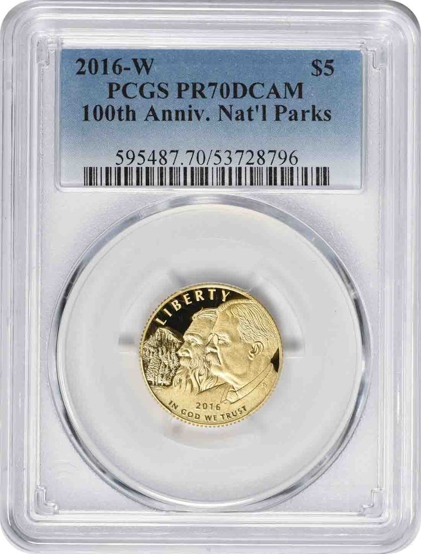 PCGS PR70DCAM 2016-W National Parks 5 Dollar Gold Proof Coin: PCGS PR70DCAM 2016-W National Parks 5 Dollar Gold Proof Coin This is a 2016-W 100th Anniversary National Parks Commemorative $5 gold coin, graded PR70DCAM by PCGS. Struck in proof quality at the West 