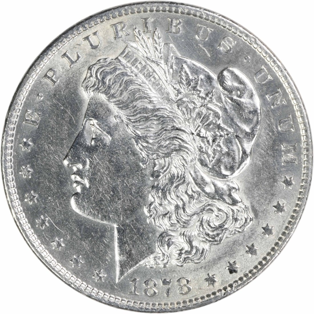 1878 8 Tail Feathers Morgan Dollar AU Grade Philadelphia Uncertified: 1878 8 Tail Feathers Morgan Dollar AU Grade Philadelphia Uncertified This 1878 Morgan Silver Dollar features the 8 Tail Feathers variety and was struck at the Philadelphia Mint. Graded as AU (About Un