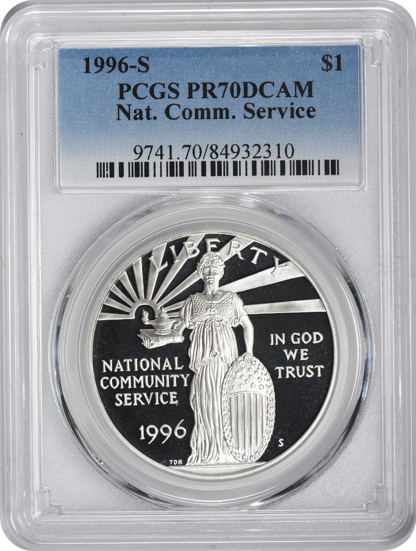 PCGS PR70DCAM 1996-S National Community Service Silver Dollar: PCGS PR70DCAM 1996-S National Community Service Silver Dollar This 1996-S National Community Service Silver Commemorative Dollar is a proof coin struck at the San Francisco Mint. Graded PR70DCAM by PC