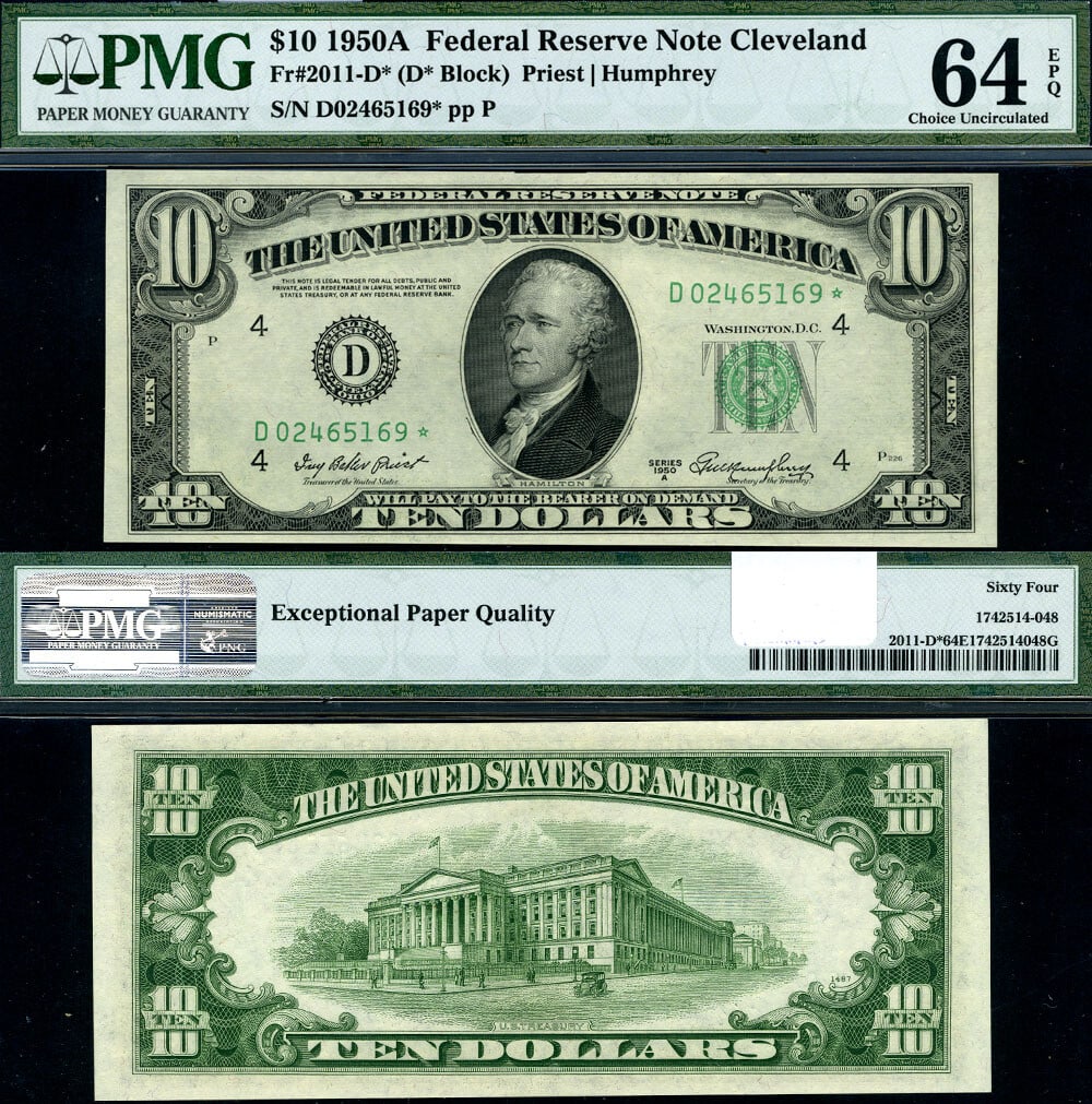 1950-A $10 Cleveland Federal Reserve Note D-Star PMG CU64 EPQ: 1950-A $10 Cleveland Federal Reserve Note D-Star PMG CU64 EPQ This is a 1950-A $10 Federal Reserve Note from the Cleveland district, designated as FR. 2011 D* and D-* Block. Certified by PMG with a gr