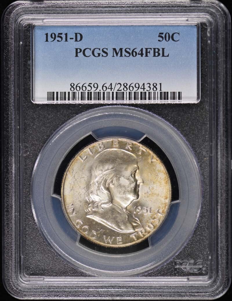 1951-D Franklin Half Dollar PCGS MS64 FBL Denver Mint: 1951-D Franklin Half Dollar PCGS MS64 FBL Denver Mint The 1951-D Franklin Half Dollar is a notable addition to any coin collection. This uncirculated coin, certified by PCGS with a grade of MS64 and d