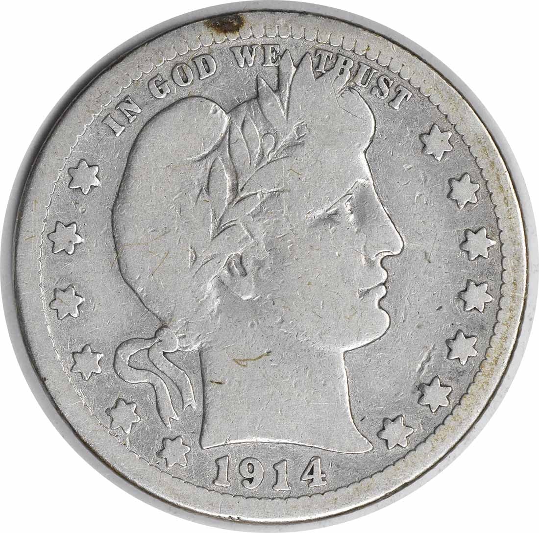 1914-S Barber Silver Quarter 25C VG Uncertified 90% Silver: 1914-S Barber Silver Quarter 25C VG Uncertified 90% Silver This 1914-S Barber Silver Quarter is a beautiful piece of numismatic history. Struck in San Francisco, this coin features the classic Barber 