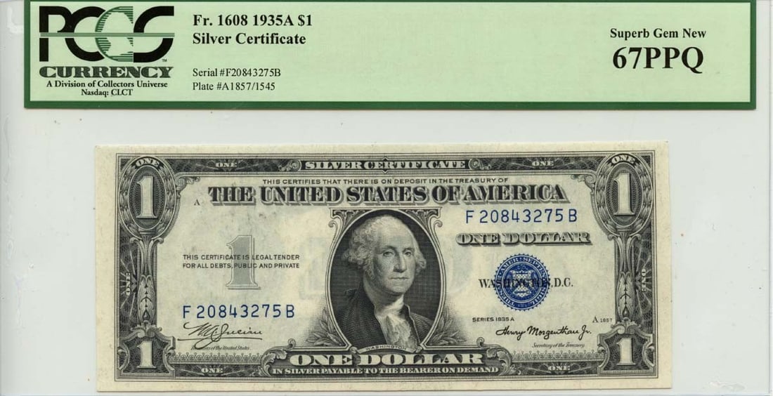 1935A $1 Silver Certificate FR#1608 PCGS Superb Gem 67 PPQ: 1935A $1 Silver Certificate FR#1608 PCGS Superb Gem 67 PPQ This 1935A $1 Silver Certificate, designated as FR#1608, has achieved a prestigious grade of PCGS Superb Gem 67 PPQ. It is an uncirculated no