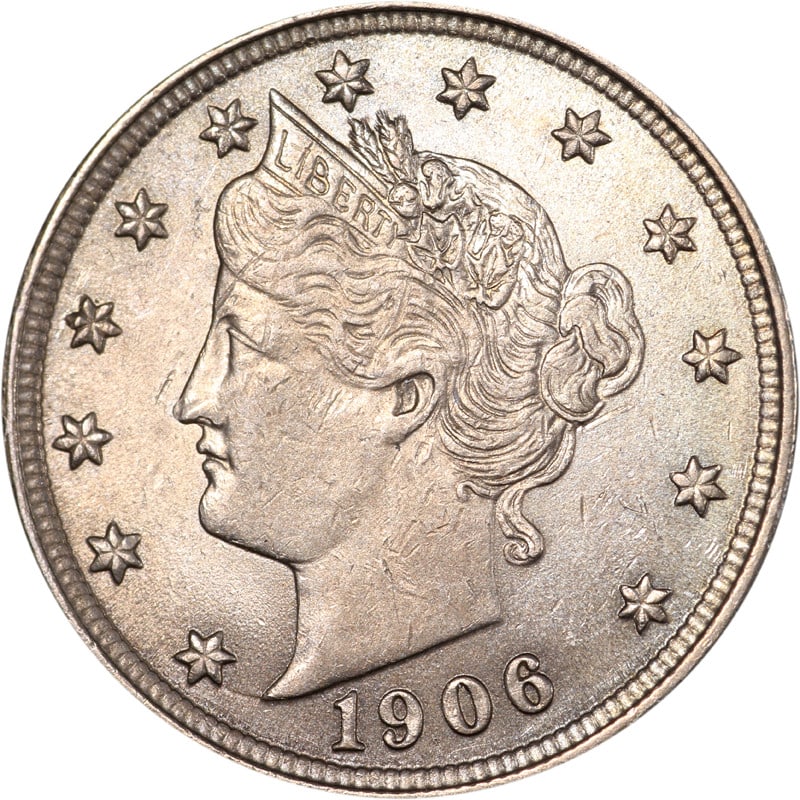 1906 Liberty Head V Nickel Circulated Coin: 1906 Liberty Head V Nickel Circulated Coin This is a 1906 Liberty V Nickel composed of nickel. The coin is circulated and uncertified, and is offered in pre-owned condition. Specifications Year: 1906 