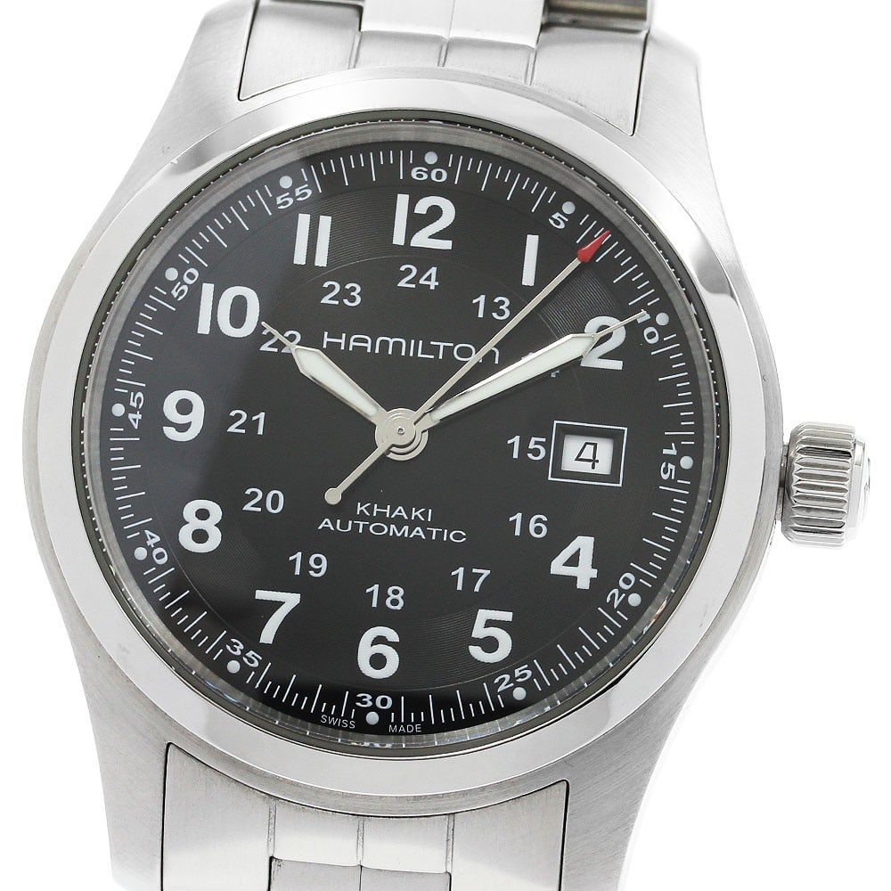 Hamilton Khaki Field Date Automatic Stainless Steel Men's Watch H706050: Hamilton Khaki Field Date Automatic Stainless Steel Men's Watch H706050 This Hamilton Khaki Field Date men's wristwatch features a stainless steel case and band, complemented by a black dial. The auto
