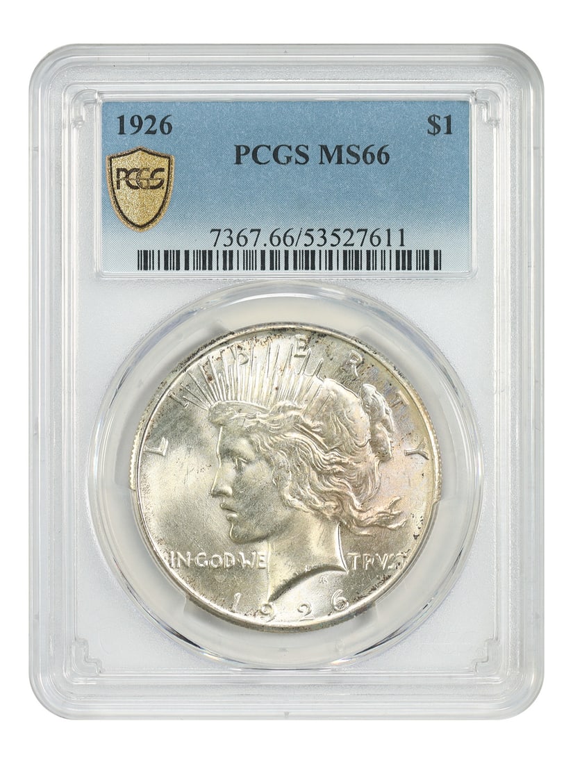 PCGS MS66 1926 Philadelphia Peace Dollar: PCGS MS66 1926 Philadelphia Peace Dollar This 1926 Peace Dollar is graded MS66 by PCGS and is an uncirculated coin. It features superb luster with subtle pastel iridescence on the obverse. The coin wa