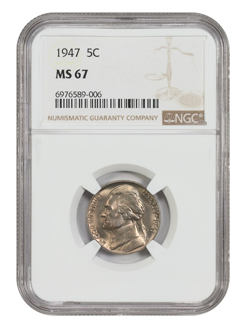 NGC MS67 1947 Philadelphia Jefferson 5C Nickel: NGC MS67 1947 Philadelphia Jefferson 5C Nickel This is a 1947 Jefferson Nickel graded MS67 by NGC. The coin is uncirculated and was struck in Philadelphia. It belongs to the Jefferson Nickel series an
