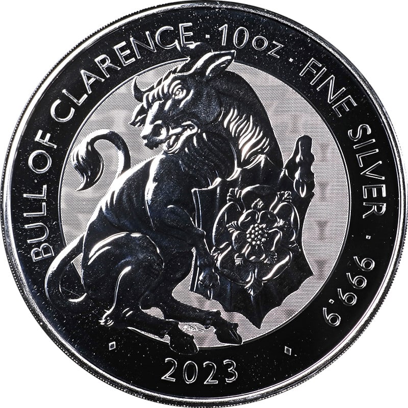2023 Great Britain Tudor Beast Bull of Clarence 10 Ounce Silver Coin: 2023 Great Britain Tudor Beast Bull of Clarence 10 Ounce Silver Coin This is an original 2023 Great Britain 10 Ounce Silver coin featuring the Tudor Beast Bull of Clarence design. The coin is composed