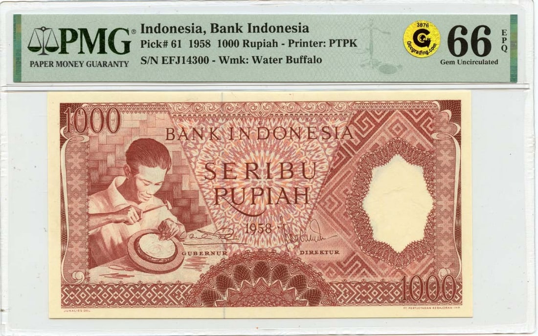 PMG MS66 Indonesia 1000 Rupiah Banknote 1958 Uncirculated Gem EPQ: PMG MS66 Indonesia 1000 Rupiah Banknote 1958 Uncirculated Gem EPQ This 1958 1000 Rupiah banknote from Indonesia has been certified by PMG with a grade of MS66, indicating it is in uncirculated conditi