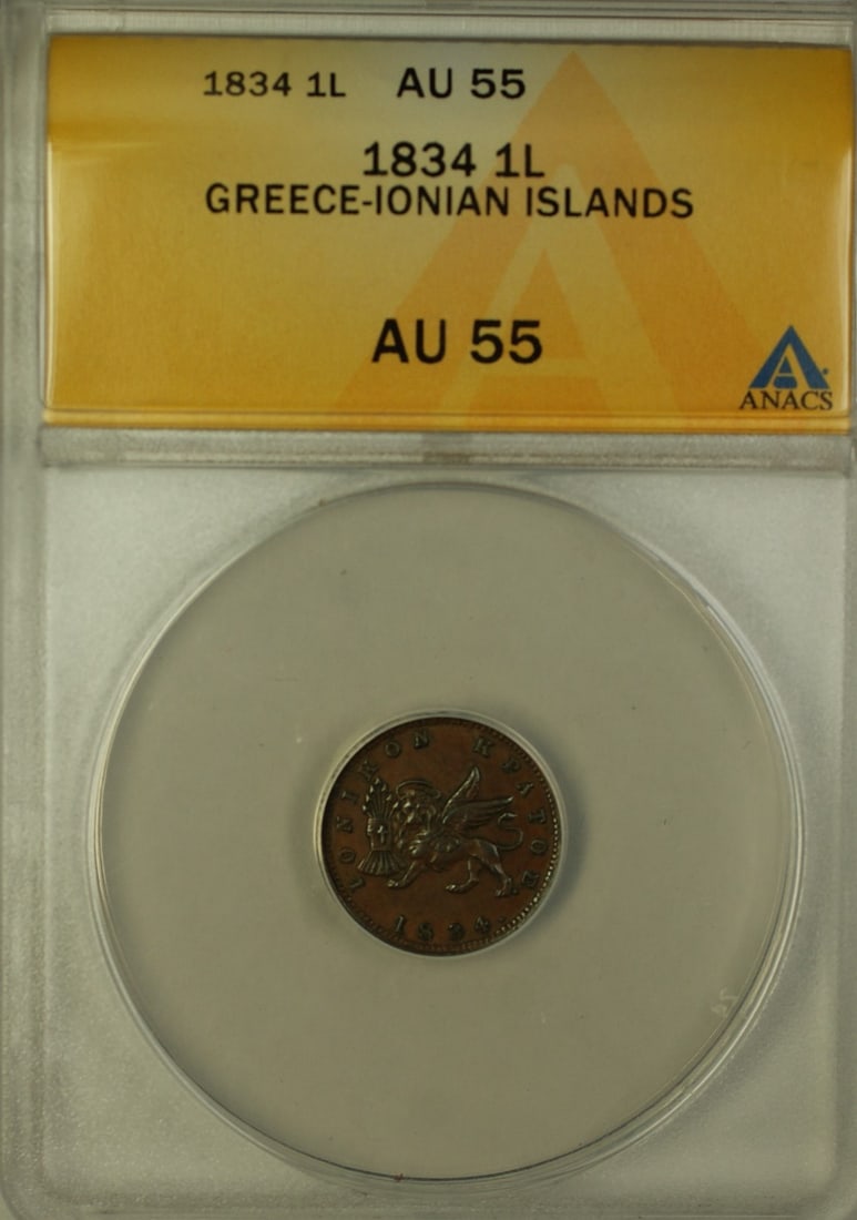 1834 Ionian Islands Bronze 1 Lepta Coin ANACS AU 55 Certified: 1834 Ionian Islands Bronze 1 Lepta Coin ANACS AU 55 Certified This is an 1834 Greece-Ionian Islands 1 Lepta bronze coin, certified by ANACS with a grade of AU-55. The coin is of Greek origin and is co