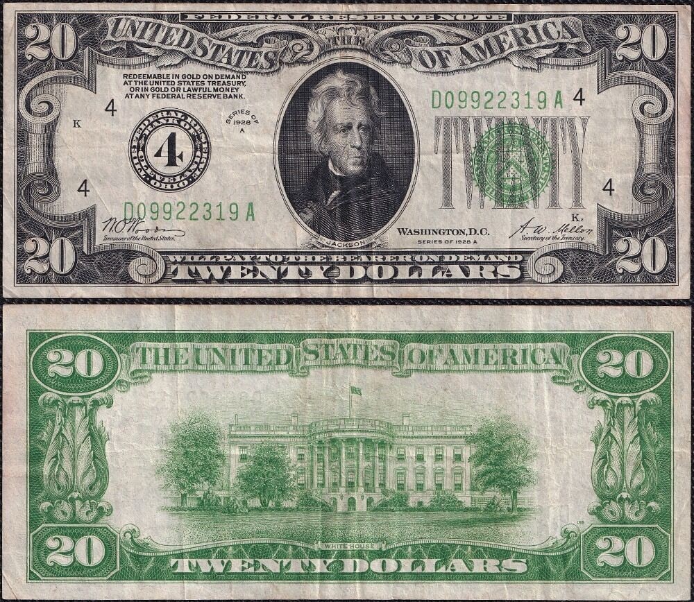 1928-A Cleveland $20 Federal Reserve Note FR 2051 D Block: 1928-A Cleveland $20 Federal Reserve Note FR 2051 D Block This is a 1928-A $20 Federal Reserve Note from Cleveland, D-A Block, graded VF+ (Very Fine Plus). The note features original paper quality, st