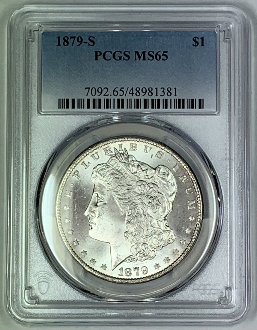 PCGS MS 65 1879-S Silver Morgan Dollar Uncirculated Certified Coin: PCGS MS 65 1879-S Silver Morgan Dollar Uncirculated Certified Coin This is a 1879-S Morgan Silver Dollar coin from the United States. The coin is composed of silver, features the Morgan design, and ha