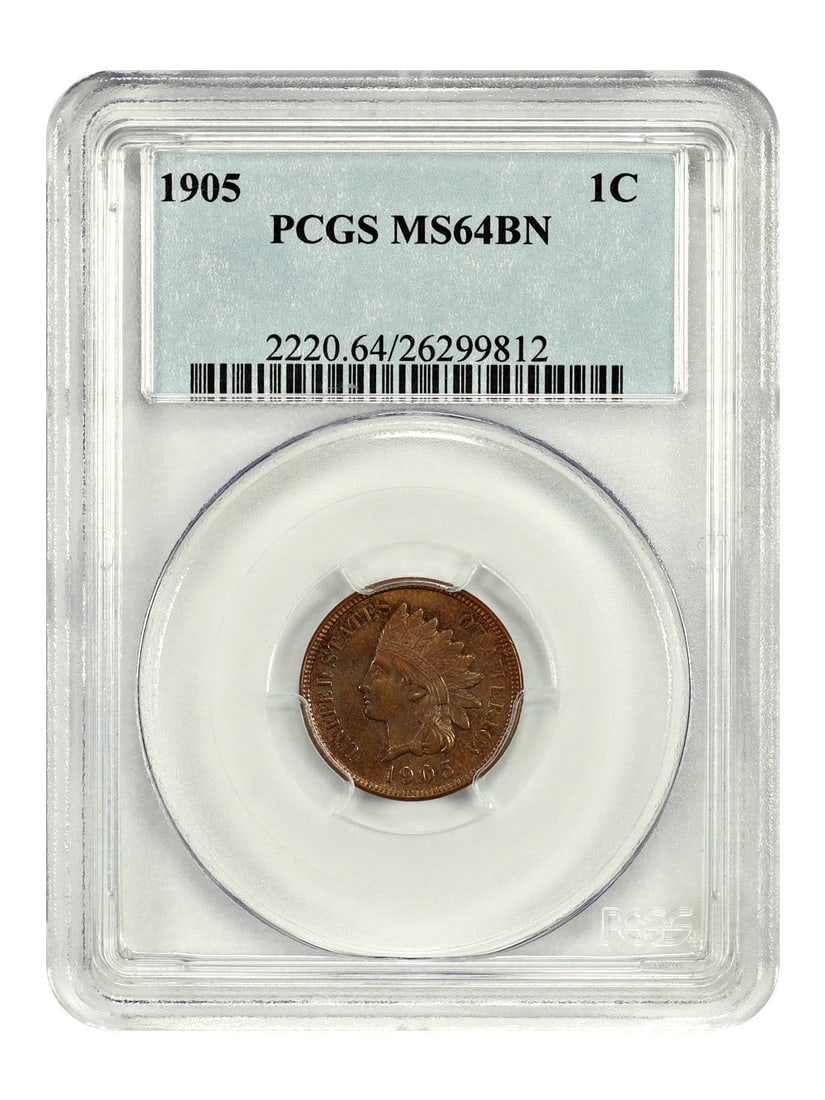 1905 Philadelphia Indian Cent PCGS MS64BN 1C: 1905 Philadelphia Indian Cent PCGS MS64BN 1C This 1905 Indian Cent features a brown (BN) color designation and has been graded MS64BN by PCGS. The coin was minted in Philadelphia and is in pre-owned c