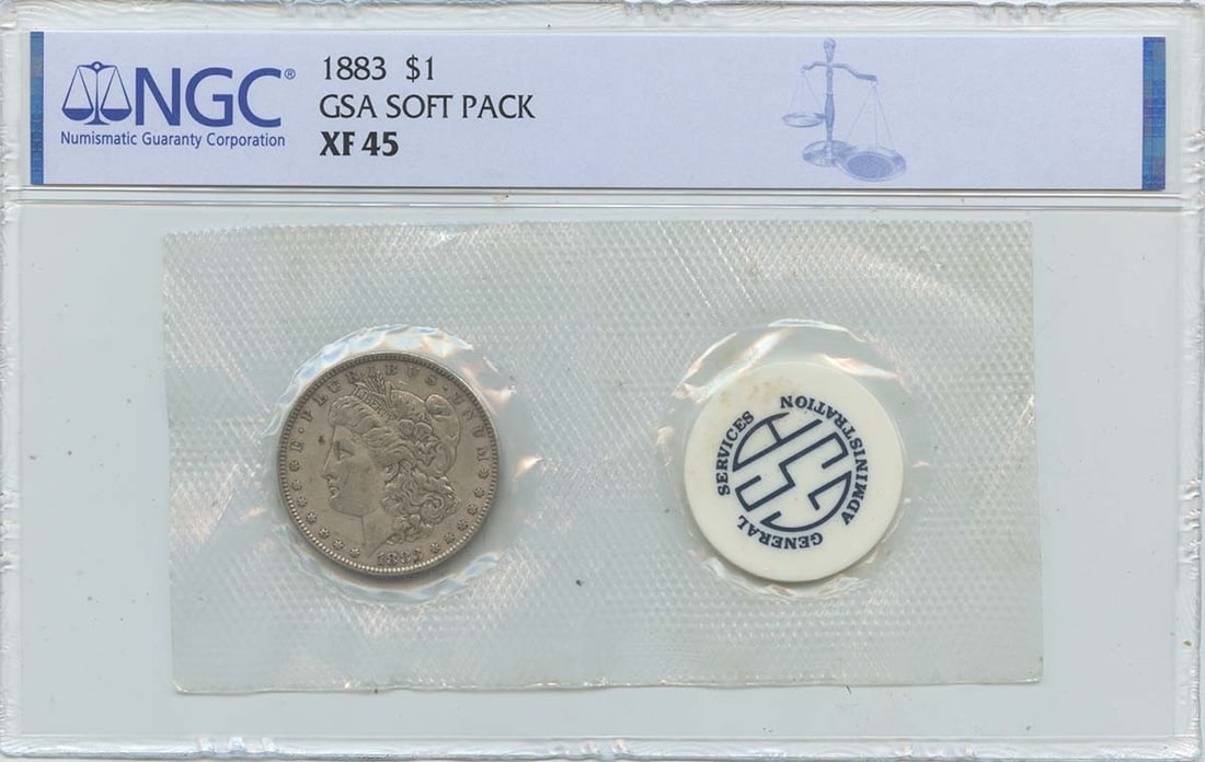 NGC XF45 1883 Morgan Silver Dollar in GSA Soft Pack: NGC XF45 1883 Morgan Silver Dollar in GSA Soft Pack This 1883 Morgan Dollar is certified by NGC with a grade of XF45 and comes in a GSA soft pack. Minted in Philadelphia, this circulated coin is a cla