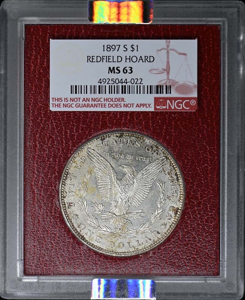 1897-S Morgan Dollar $1 NGC MS63 Redfield Hoard Coin: 1897-S Morgan Dollar $1 NGC MS63 Redfield Hoard Coin This 1897-S Redfield Hoard Morgan Dollar is a stunning collectible piece, graded NGC MS63 by the Numismatic Guaranty Corporation. It represents an 