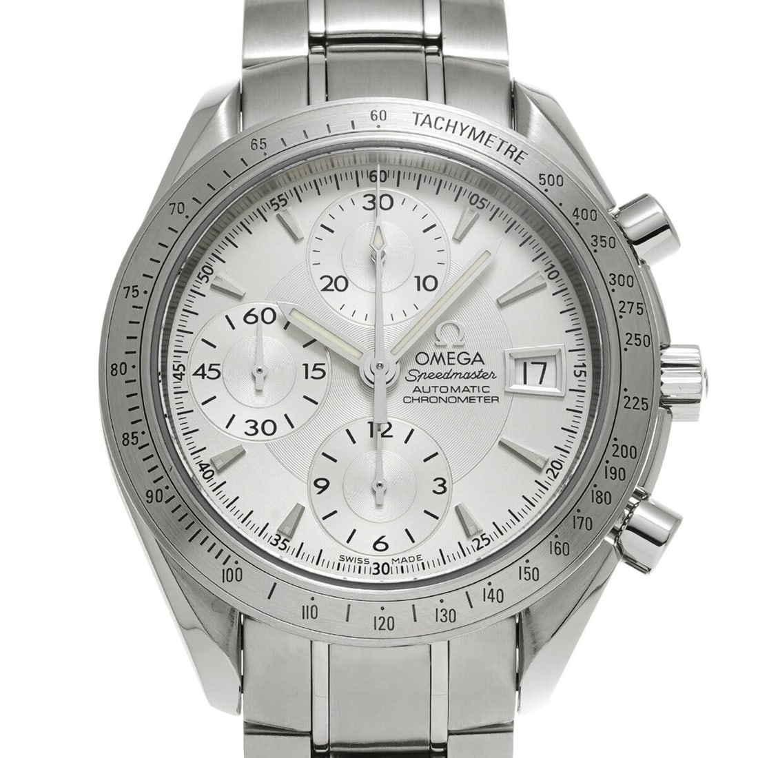 Speedmaster Date OMEGA Automatic Chronograph Silver Dial Watch 3211.30: Speedmaster Date OMEGA Automatic Chronograph Silver Dial Watch 3211.30 This OMEGA Speedmaster Date 3211.30 is a men's wristwatch featuring a silver dial and a stainless steel case, bezel, and bracelet
