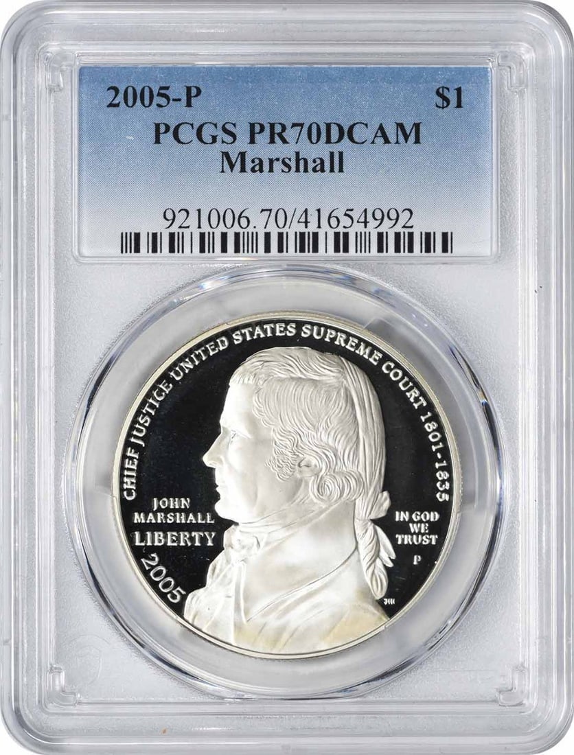 2005-P Marshall Commemorative Dollar PR70 Deep Cameo PCGS 90% Silver: 2005-P Marshall Commemorative Dollar PR70 Deep Cameo PCGS 90% Silver This 2005-P Marshall Commemorative Dollar is a stunning piece certified by PCGS as PR70DCAM, representing the highest quality avail