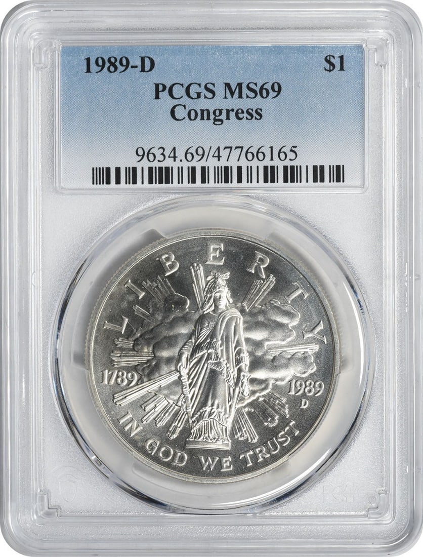 PCGS MS69 1989 Denver Silver Congress Commemorative Dollar Coin: PCGS MS69 1989 Denver Silver Congress Commemorative Dollar Coin This 1989-D Congress Silver Commemorative Dollar is an un-used, pre-owned coin certified by PCGS with a high grade of MS69. Minted in De