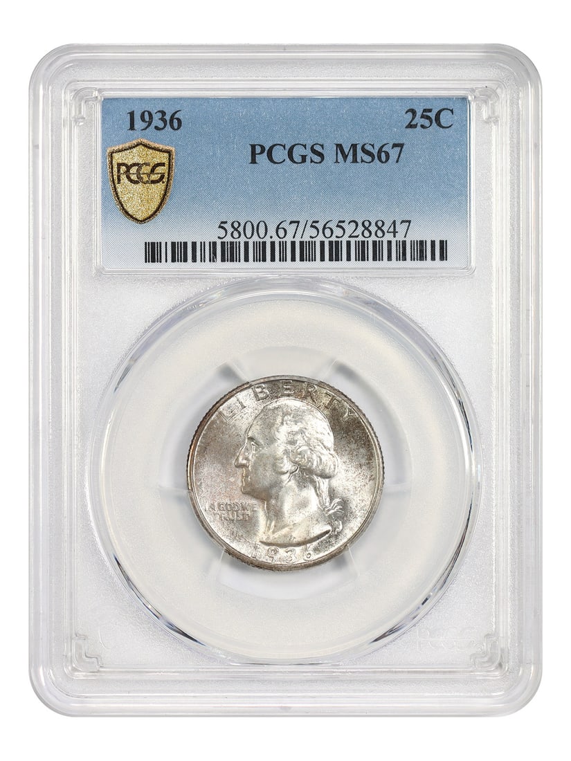 1936 Philadelphia Washington Quarter PCGS MS67 25C: 1936 Philadelphia Washington Quarter PCGS MS67 25C This is a 1936 Washington Quarter with a denomination of 25 cents, minted in Philadelphia. The coin is certified by PCGS and is in pre-owned conditio