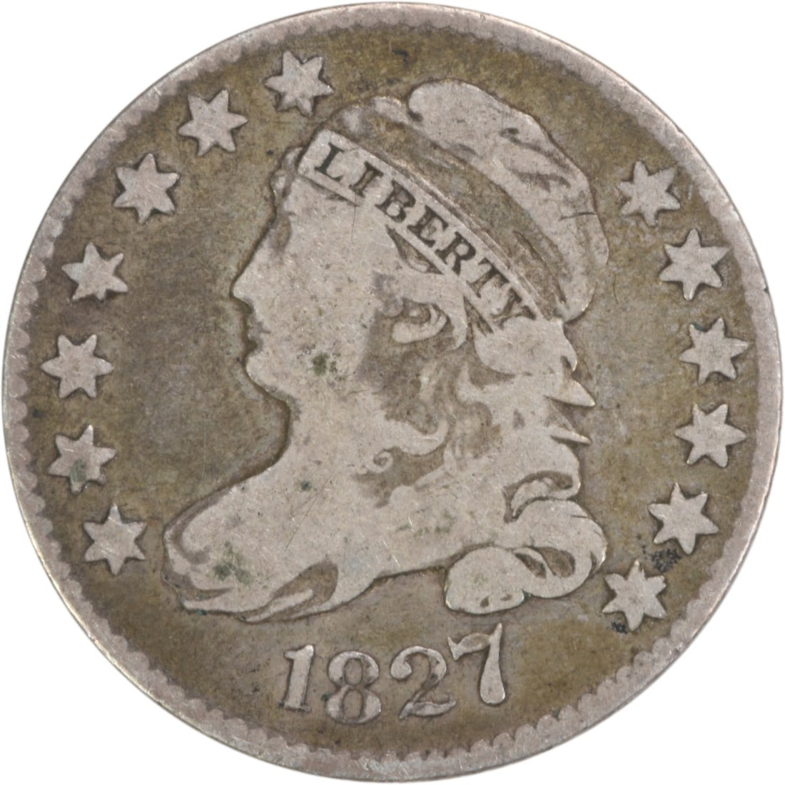 1827 Capped Bust Silver Dime 10C Uncertified John Reich Design: 1827 Capped Bust Silver Dime 10C Uncertified John Reich Design This 1827 Bust Silver Dime is a beautiful example of early American coinage. Featuring the iconic Capped Bust design by John Reich, this 