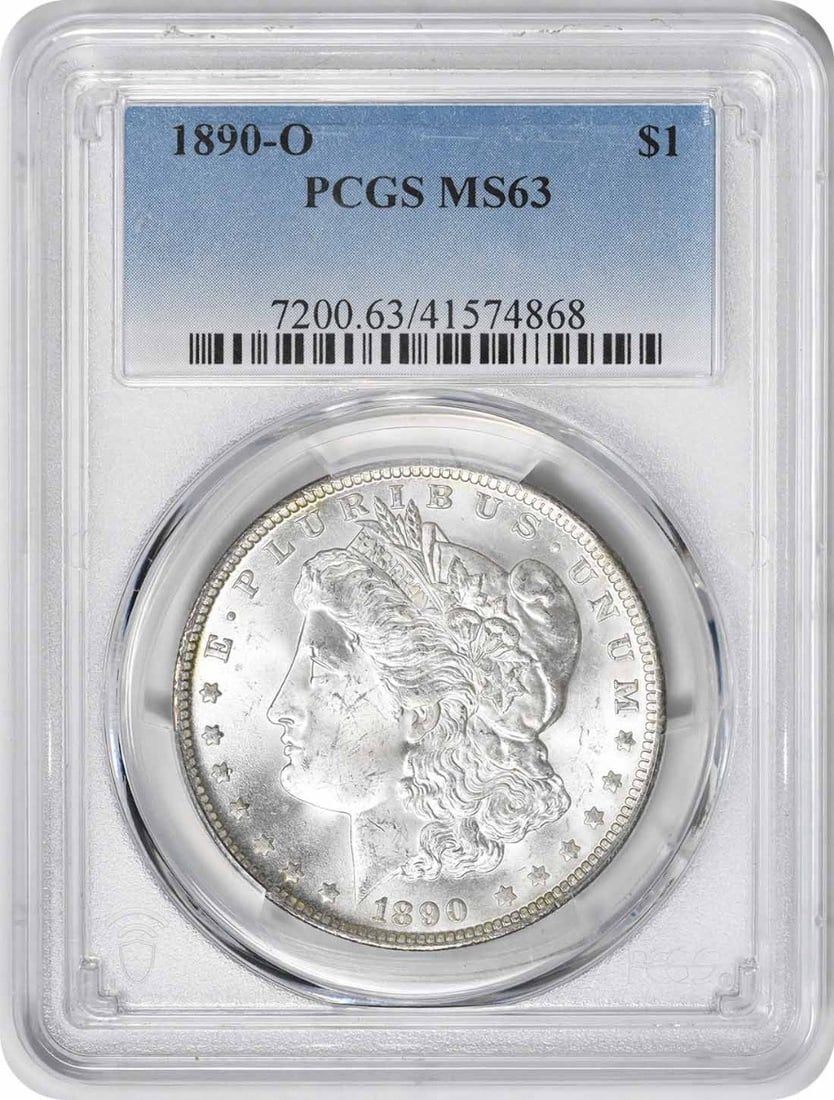 1890-O Morgan Silver Dollar MS63 PCGS Uncirculated Coin: 1890-O Morgan Silver Dollar MS63 PCGS Uncirculated Coin This 1890-O Morgan Silver Dollar is a stunning example of American numismatic history, certified by PCGS with a grade of MS63. Struck in New Orl